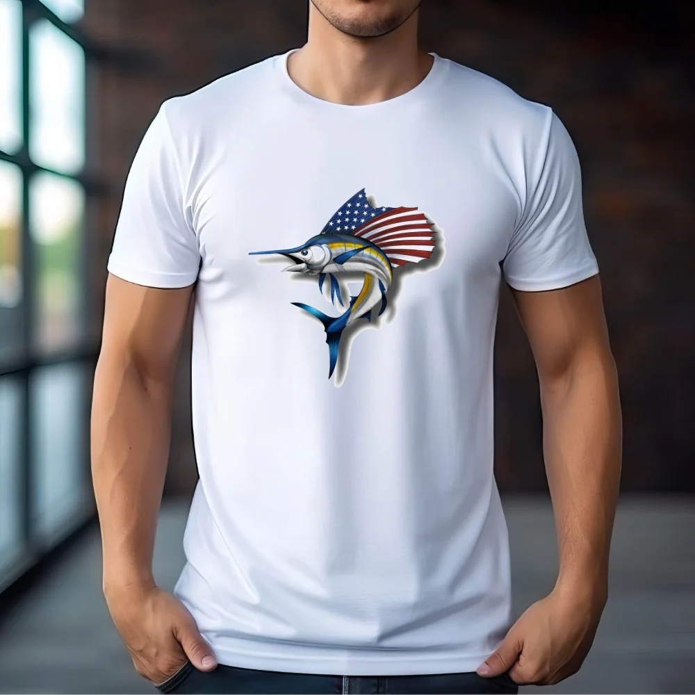 

FPACE American Flag Fishing Boating Men T-Shirt Flag Marlin Fish Printed T shirt Sport Men's Clothing Women Oversized t-shirt