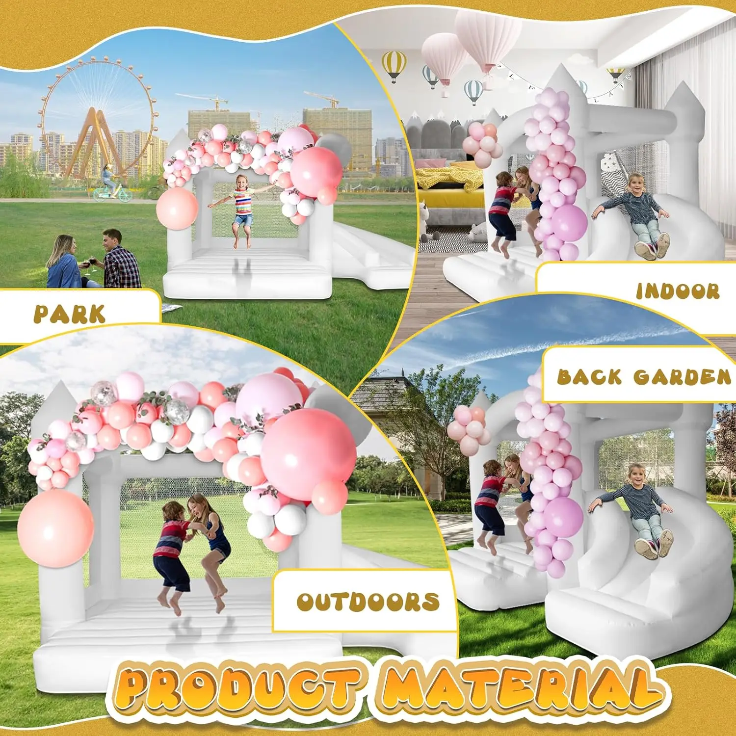 화이트 바운스 하우스 인플레이터블 점핑 캐슬 슬라이드 및 에어 블로워 포함 어린이용, 웨딩 및 생일 파티용, 17 * 11 * 10FT