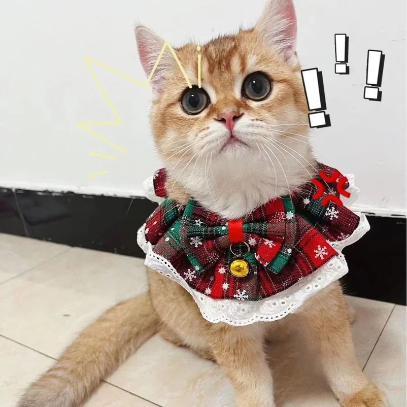Christmas Snowflake Plaid Pet Bib Lace Edge Bowknot Bell Design Dog Cat Collar Holiday Party Pet Accessory Neck Scarf