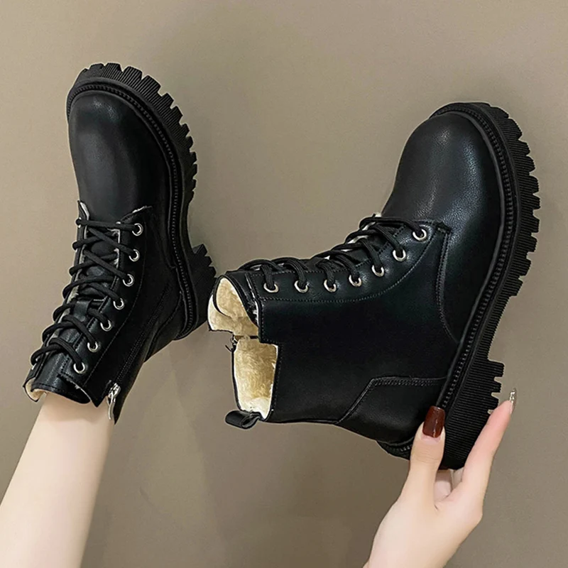 Chunky Heels Lace Up Combat Boots Women Winter Warm Short Plush Ankle Boots Woman Platform Non-Slip PU Leather Short Botas Mujer