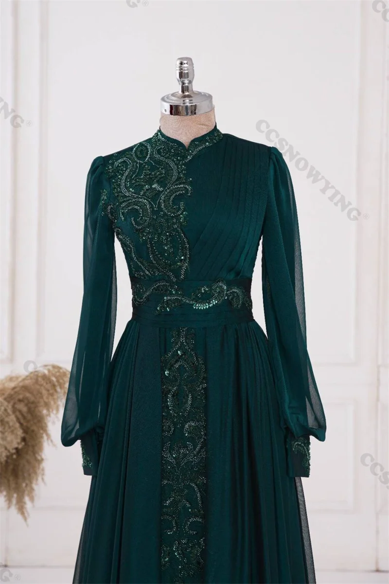 Green Chiffon Appliques Muslim Hijab Evening Dresses Arabic Dubai Long Sleeve Women Formal Party Gown A Line Moroccan Caftan