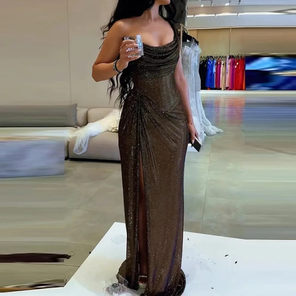 

Sexy Elegant Full Length High Split Party Dress Chic Girdling Banquet Maxi Dress Luxury Women One Shoulder Glitter Slim Dress