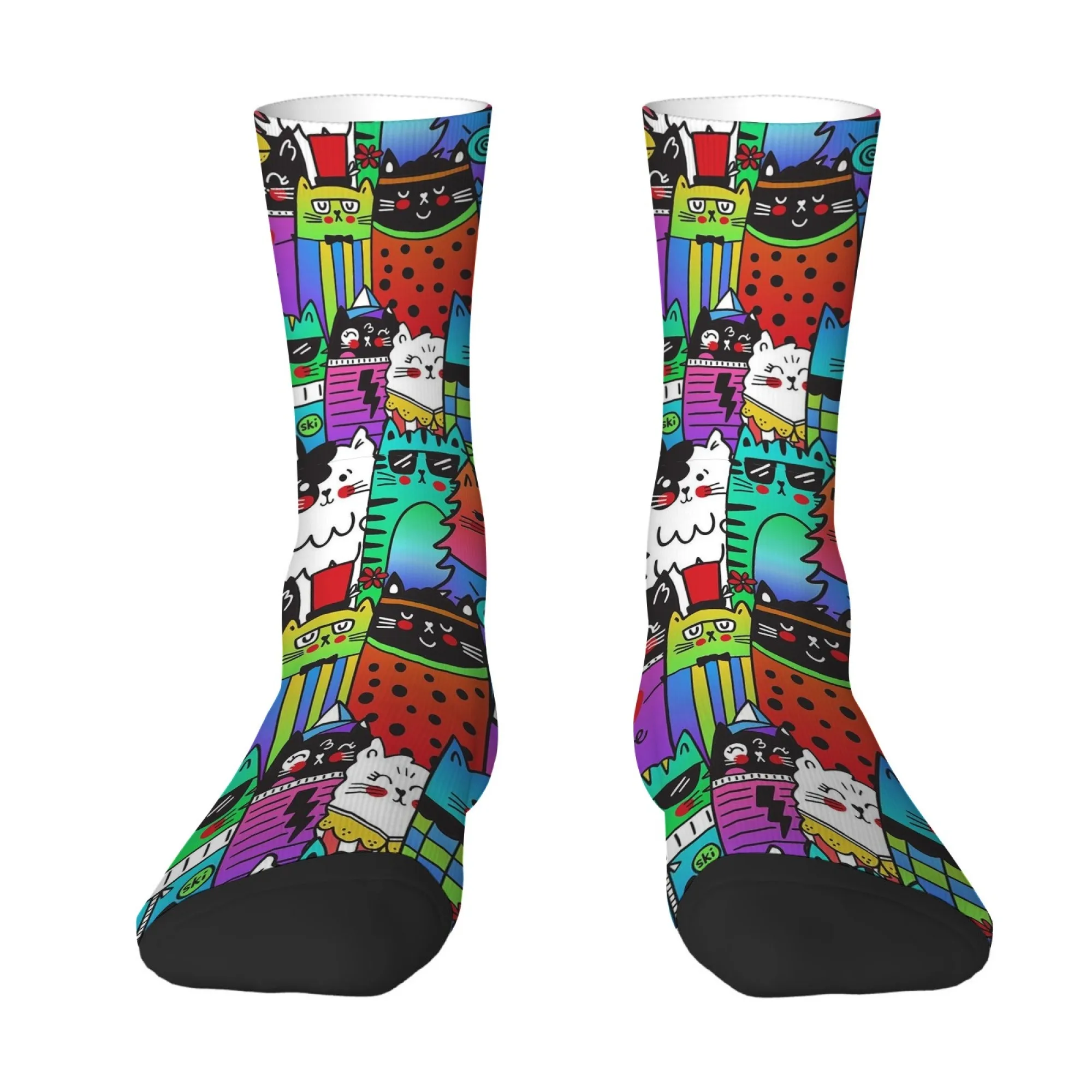 Novel and Fun Pop Art Cartoon Cat Print Mid-calf Socks Rainbow Gradient Childlike and Trendy Style Comfortable Street Socks