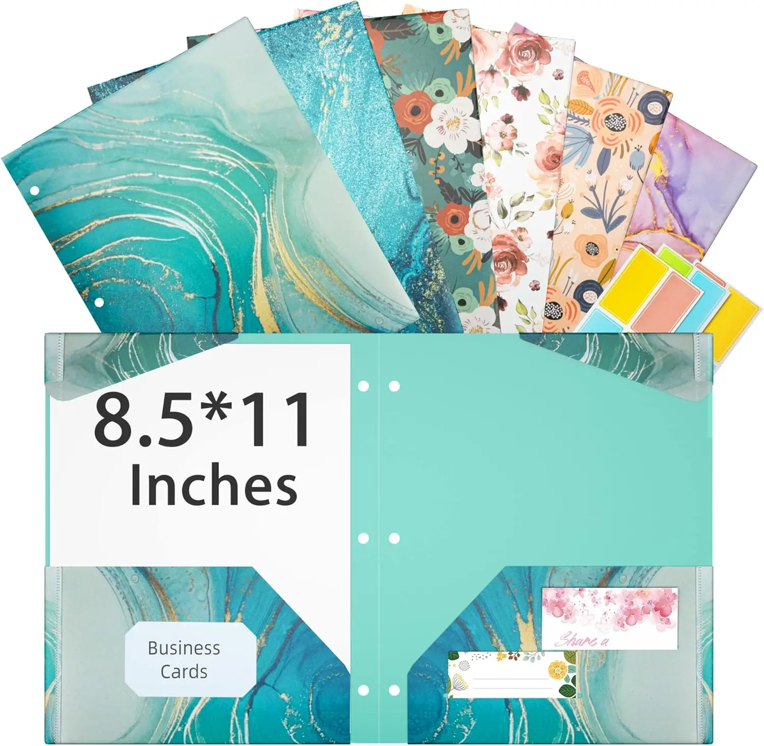 

Folders with Pockets, Waterproof Plastic Folder with Two Fixed Corner Tabs and 2 Pockets Includes Business Card Slot, Includes Sticker, Fits 3 Ring Binder Holds 11" x 8.5", 6-Pack