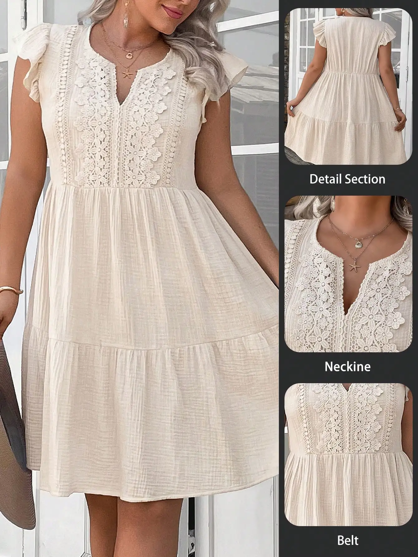 

Кремовое платье миди с V-образным вырезом, кружевной отделкой и рукавами-воланами