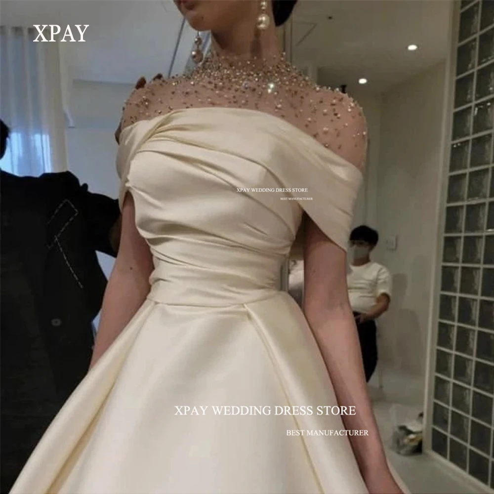 

XPAY Sparkly Light Champagne Long Evening Dresses Beads Pearls High Neck Satin Floor Length Saudi Arabic Women Formal Prom Gowns