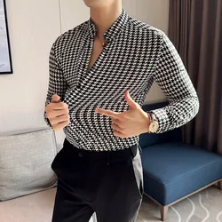 High-quality Houndstooth Shirts for Men 2024 Spring High Elasticity Slim Casual Shirt Brand Men Clothing Social Party Streetwear