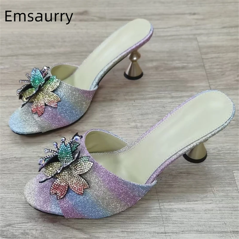 Colorful Rhinestone Flower Decor Sandals Women Metal Strange Heel Rainbow Sequins Slingbacks Summer Mules