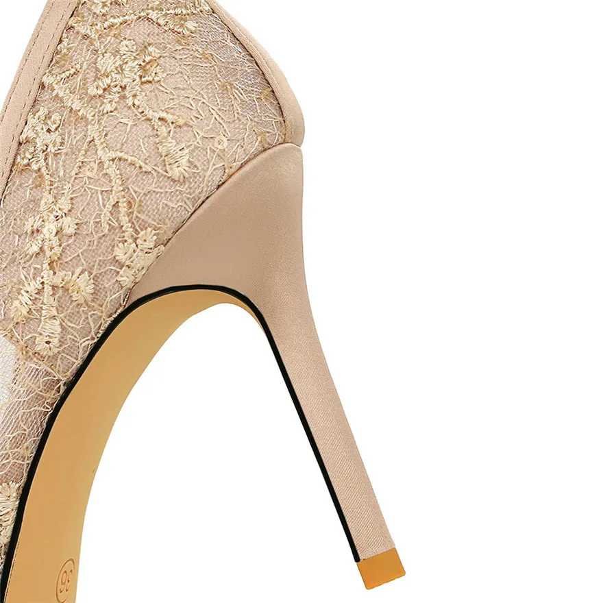 جديد إمرأة مثير الفم الضحلة سوبر عالية الكعب مع القوس أشار تو الدانتيل شبكة السيدات الفم الضحلة سليم حذا فردي للسيدات #6