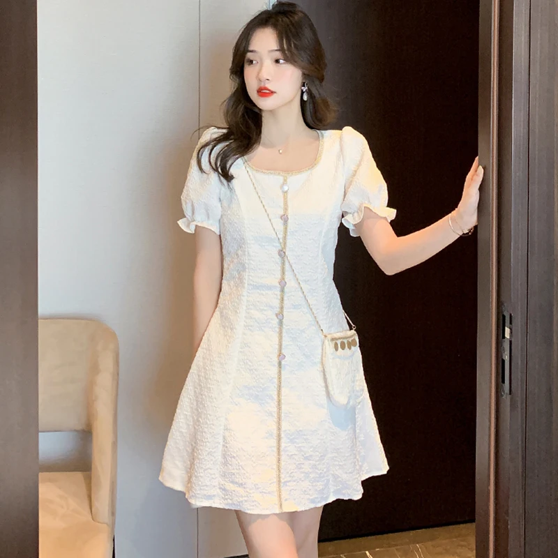 

Women White Short Sleeve Square Collar Sexy Mini Dresses Summer Elegant Bodycon Party Vestidos 2024 Korean Solid Casual dresses