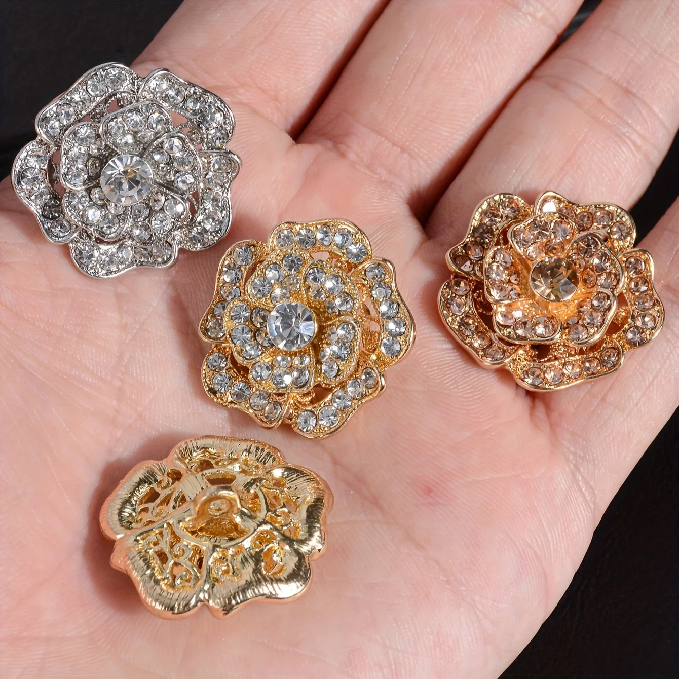3Pcs/Pack  Camellia Metal Buttons For Shirts Sweater Coat Buckle Rhinestone Flower Decorative Clothing Sewing Button﻿ DIY