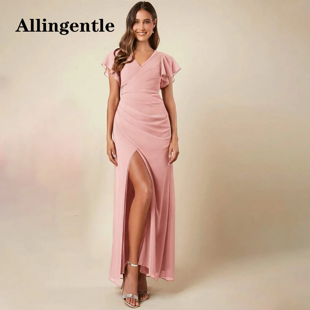 

Allingentle Elegant Ruched V-Neck Bridesmaid Dresses 2024 Ankle-Length Side Slit Ruffles Sleeves Chiffon Formal Evening Gowns