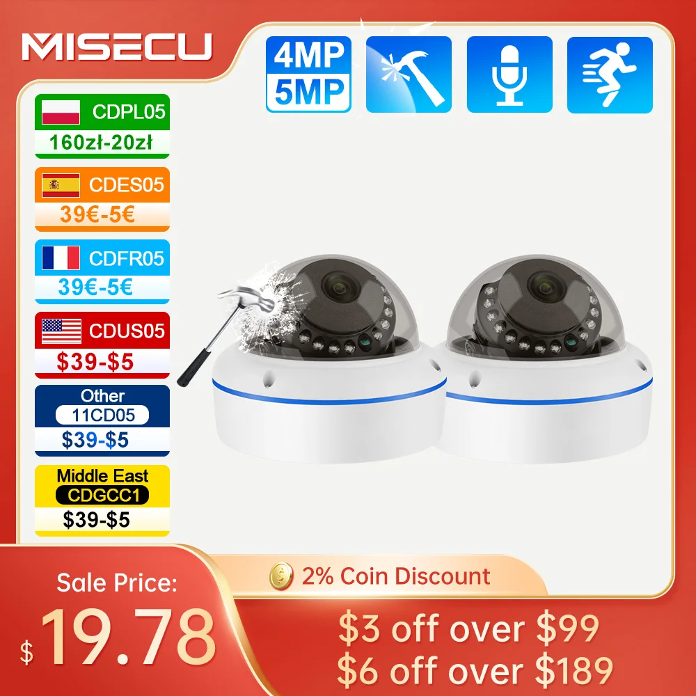 Misecu HD 5MP 4MP H.265 POE IP Camera Home Security Protection 1/2/3/4 PCS Vandalproof Dome Security Home Surveillance Cameras