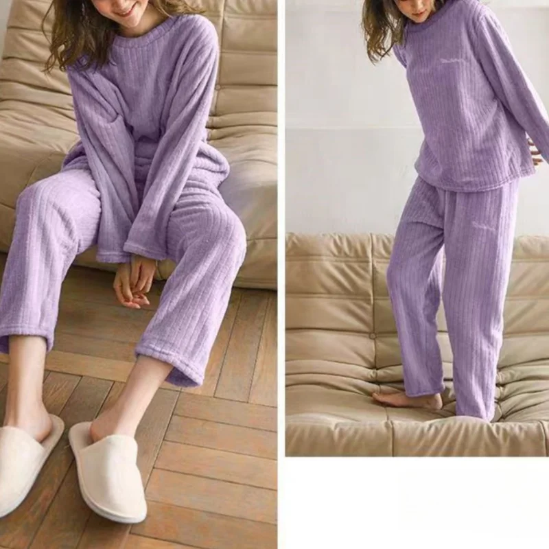 New Women Pajama Trousers Sets Loose Top Elastic Waist Wide Leg Pants Winter Fleece Homewear Sweet Bow Outfit Autumn Sleepwear