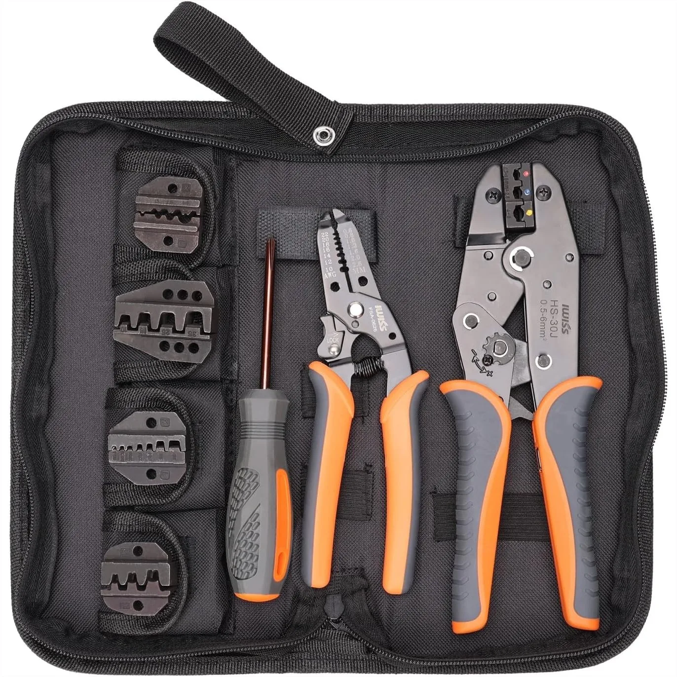 

Ratchet Wire Crimping Tool Set with 5 Interchangeable Jaws for Insulated & Non-Insulated Terminals AWG20-2, Wire Stripper