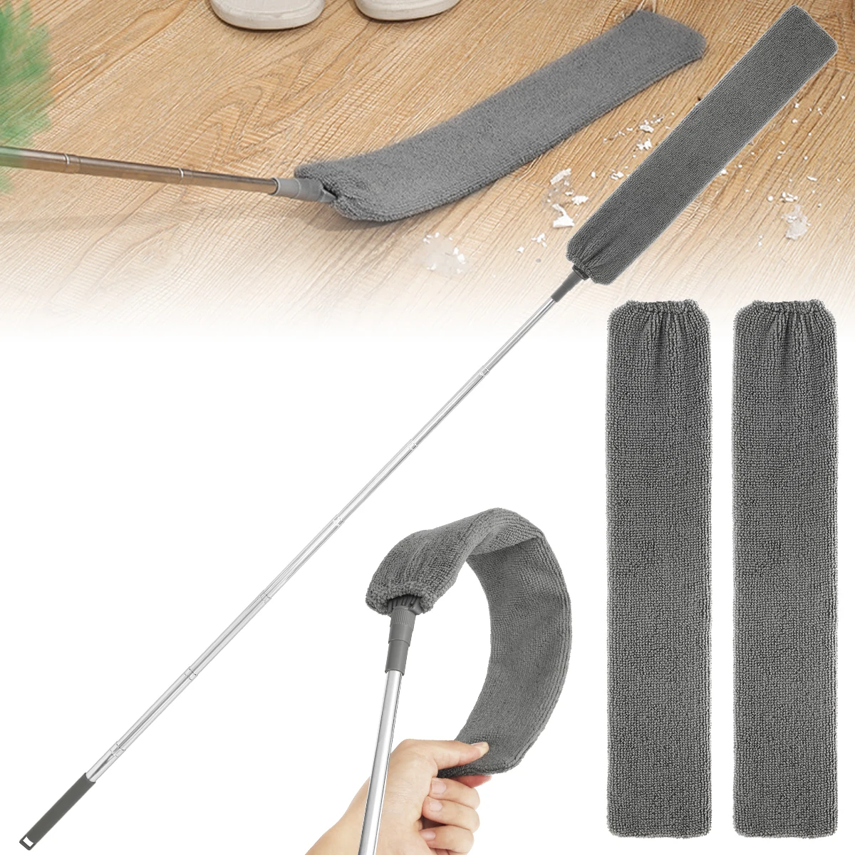 Limpiador de polvo de microfibra retráctil, plumero de espacio plano largo Flexible con cubierta de tela de poste extensible para sofá cama