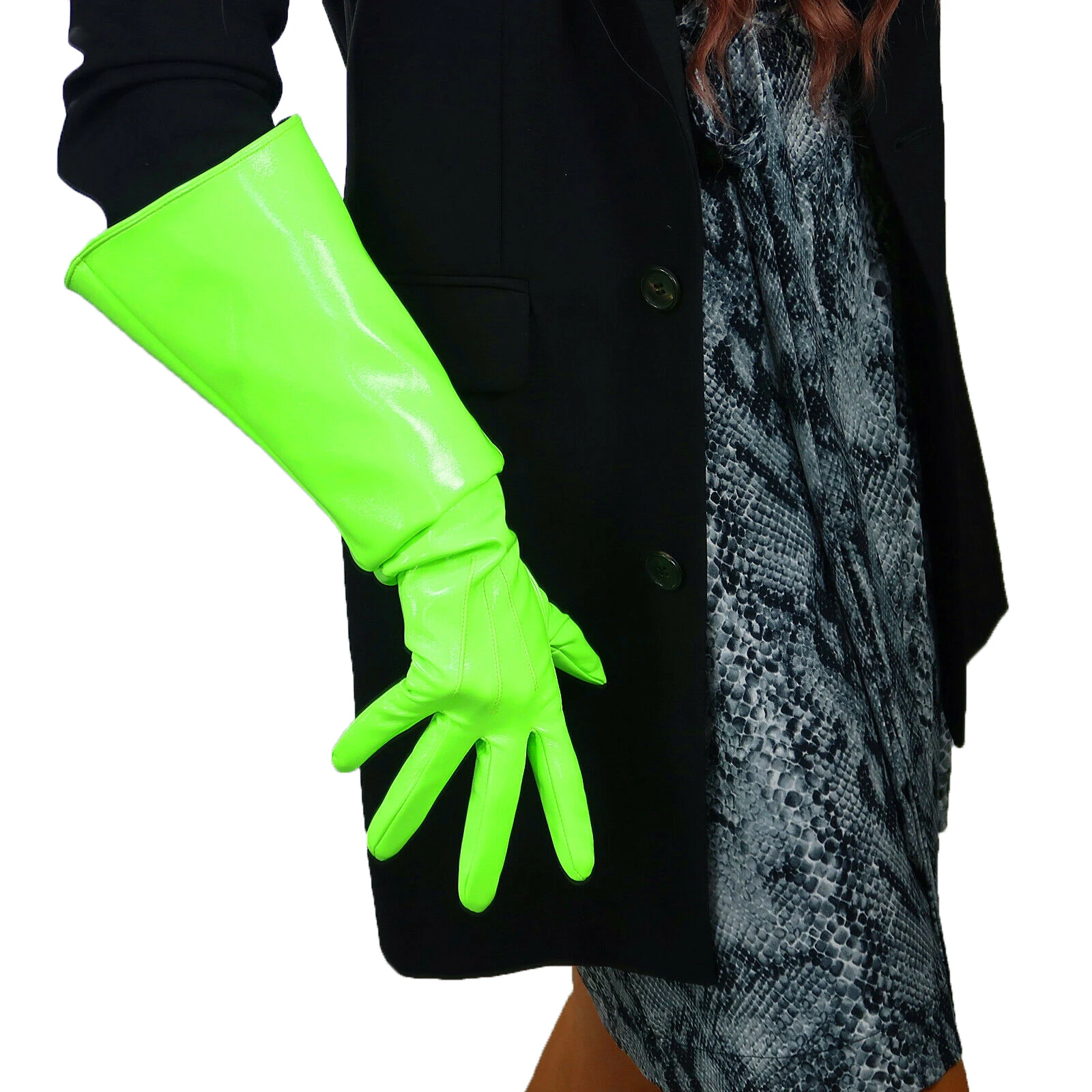 

DooWay LATEX GLOVES PUFF SLEEVES Shine Leather Patent 50cm Elbow Long Fluorescent Green Christmas Fashion Show Cosplay Glove