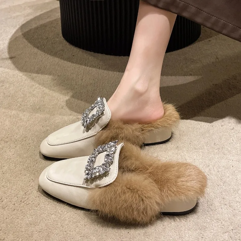 

Exquisite Women Slippers Luxury Rhinestone Mule Shoes Fashion Plush Casual Shoes for Woman Designer Baotou Slipper Zapatos Mujer