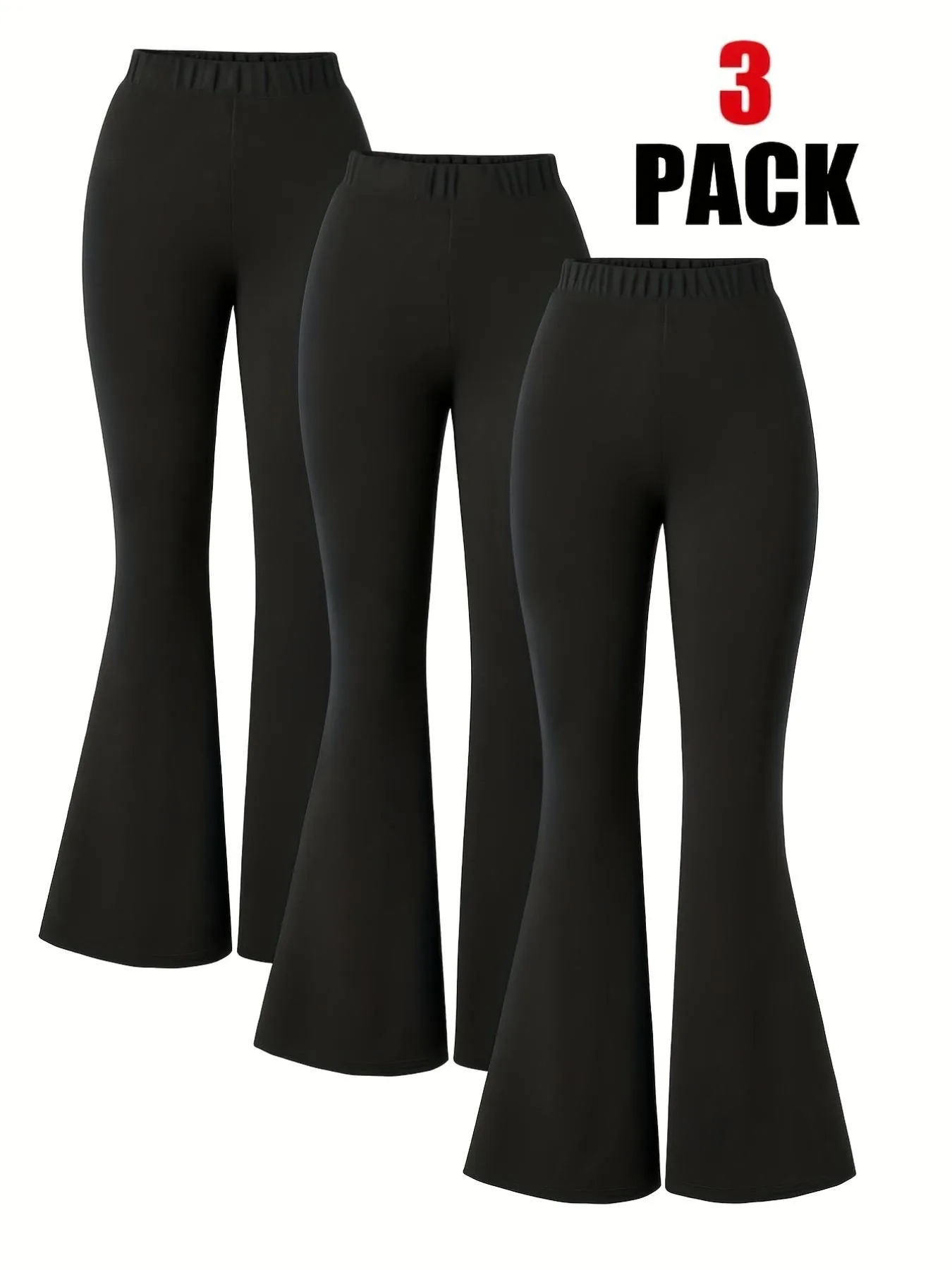 Kinder Mädchen 3er-Pack Einfarbige Schwarze Hochtaillierte Elastische Stretch-Schlaghosen Lässige Alltags- und Schulhosen