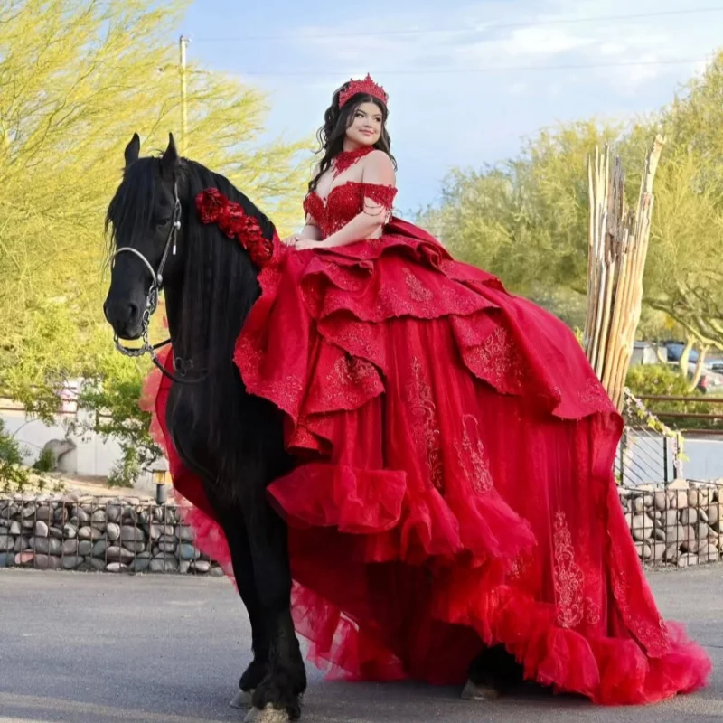 

Red Quinceanera Dresses Off the Shoulder Golden Glitter Decal Lace Layering Long tail Bow Vestidoe 15 Quinceanera Customize