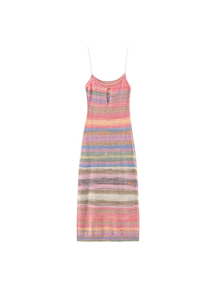 Strapskleid für Damen, Sommer, gestrickt, gestreift, Spice Girl, schlank, Hüfte, Wickel, gestreift, langes Kleid, 2025, neues sexy Kleid