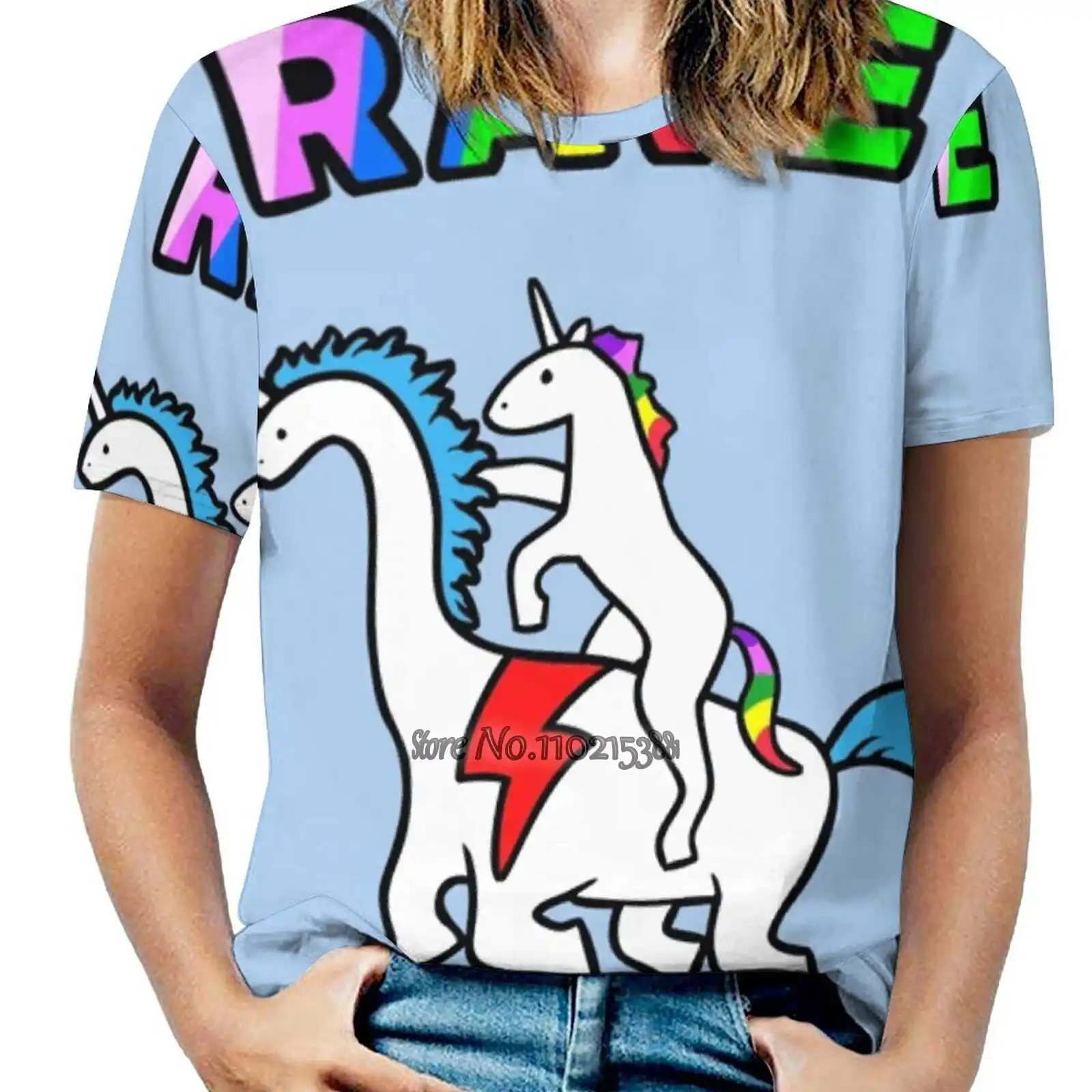 Al Rave! (Unicorn Riding Dinocorn) magliette con stampa di moda T-shirt con allacciatura a una spalla donna donna ragazze top e Tees