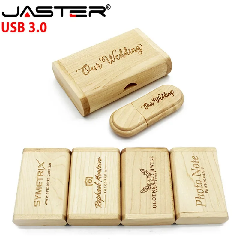 JASTER USB 3.0 במהירות גבוהה לקוחות לוגו עץ USB דיסק און קי מייפל עץ + תיבת pendrive 4gb 8gb 16GB 32GB זיכרון מקל מתנות