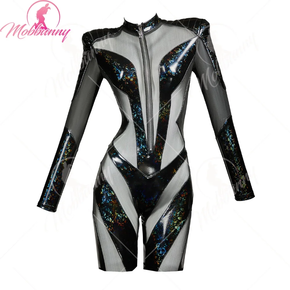 

Женский кожаный комбинезон Mobbunny с сетчатыми вставками, сексуальный облегающий прозрачный боди-комбинезон, цельный обтягивающий ромпер для вечеринок и клубов