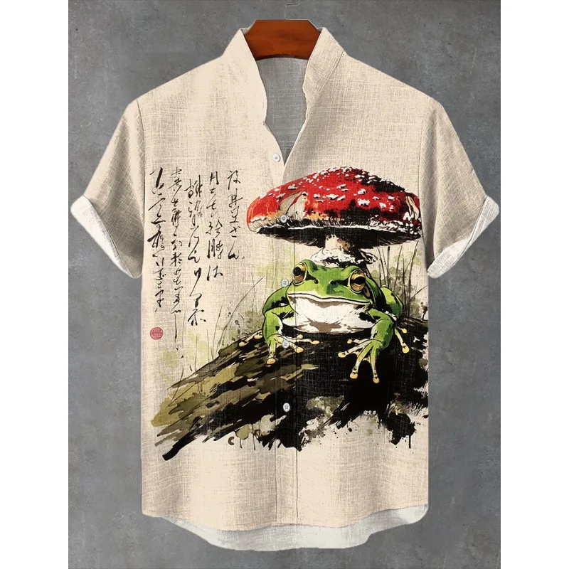 Men's Sad Frog Japanese Art Print Shirt Harajuku Summer Short Sleeve Button Down Shirts Hipster Holiday Casual Shirts Streetwear