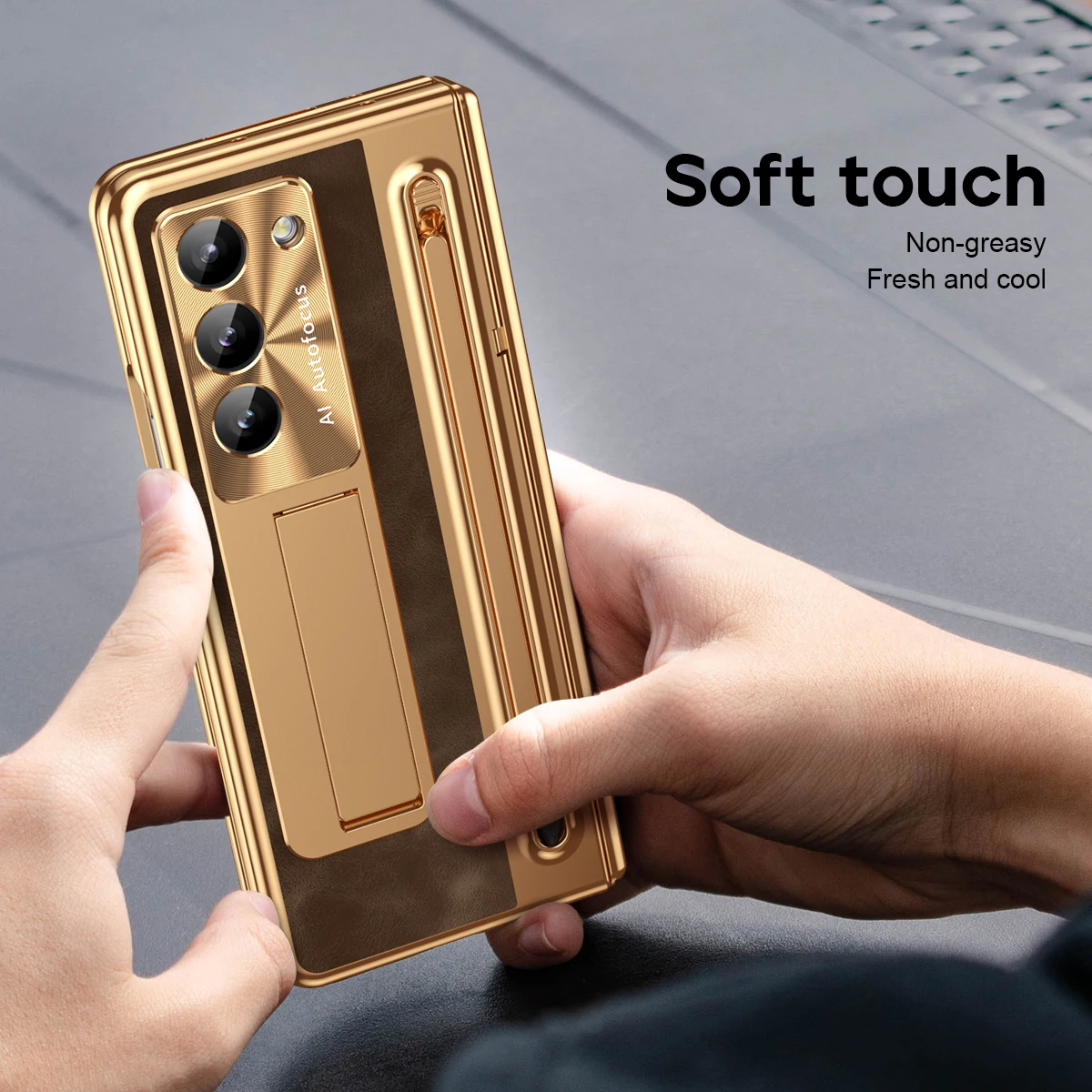 With Stylus Pen For Samsung Galaxy Z Fold 8 7 6 5 4 Case Leather Plating Hinge Armor Cover TriFold Holder Full Screen Glass Film