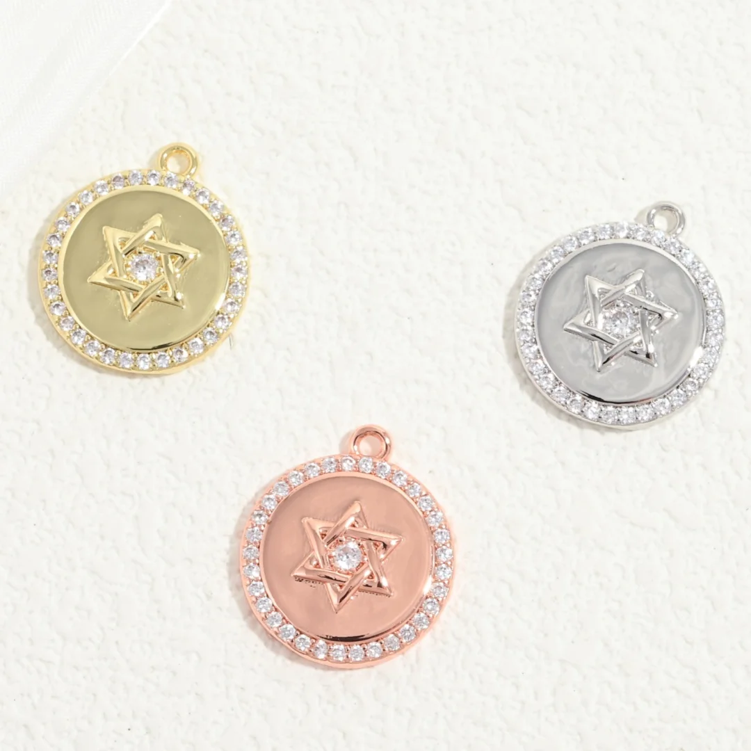 Star of David Round Coin CZ Charm Paved Zircon Magen David Pendant for DIY Necklace Bracelet Jewelry Making：VD2485
