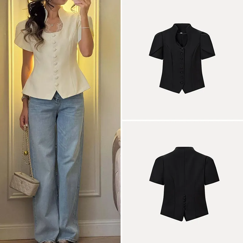 

Fashionable Lace Patchwork Single Button Short Sleeve Shirt Women's Casual Style Slim Fit Shirt for Summer 2026 Zadata Brand