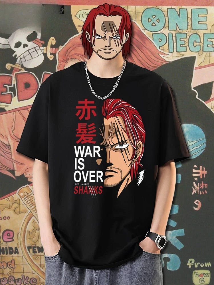 

New trendy brand animation ONE PIECE t-shirt RED red hair printing pattern loose cotton men's and women's T-shirt