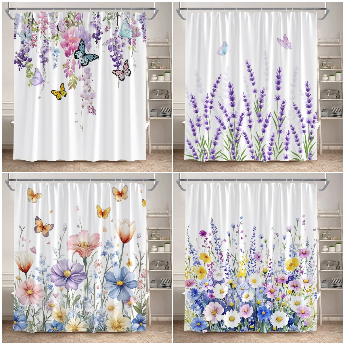 Watercolour Floral Shower Curtain Butterfly Purple Lavender Vine Flowers Modern Fabric Home Bathroom Curtains Decor With Hooks