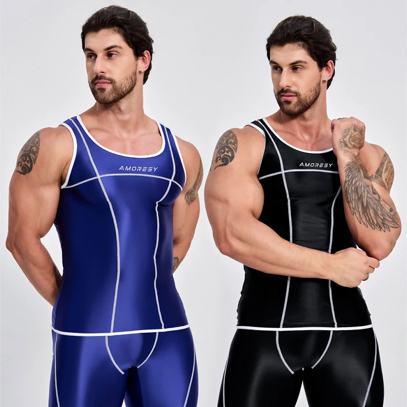 AMORESY Men's Smooth Spandex Tight-fitting Athletic Hurdle Vests High Elastic Breathable Sleeveless Gym Trainning Yoga Tank Tops