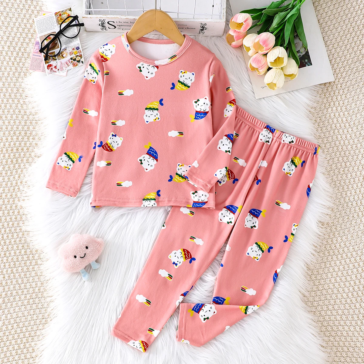 2-piece Autumn And Winter Girl Full Print Cute Cartoon Long Sleeved Pants Warm And Thick Underwear Set Comfortable Home Clothes view 4