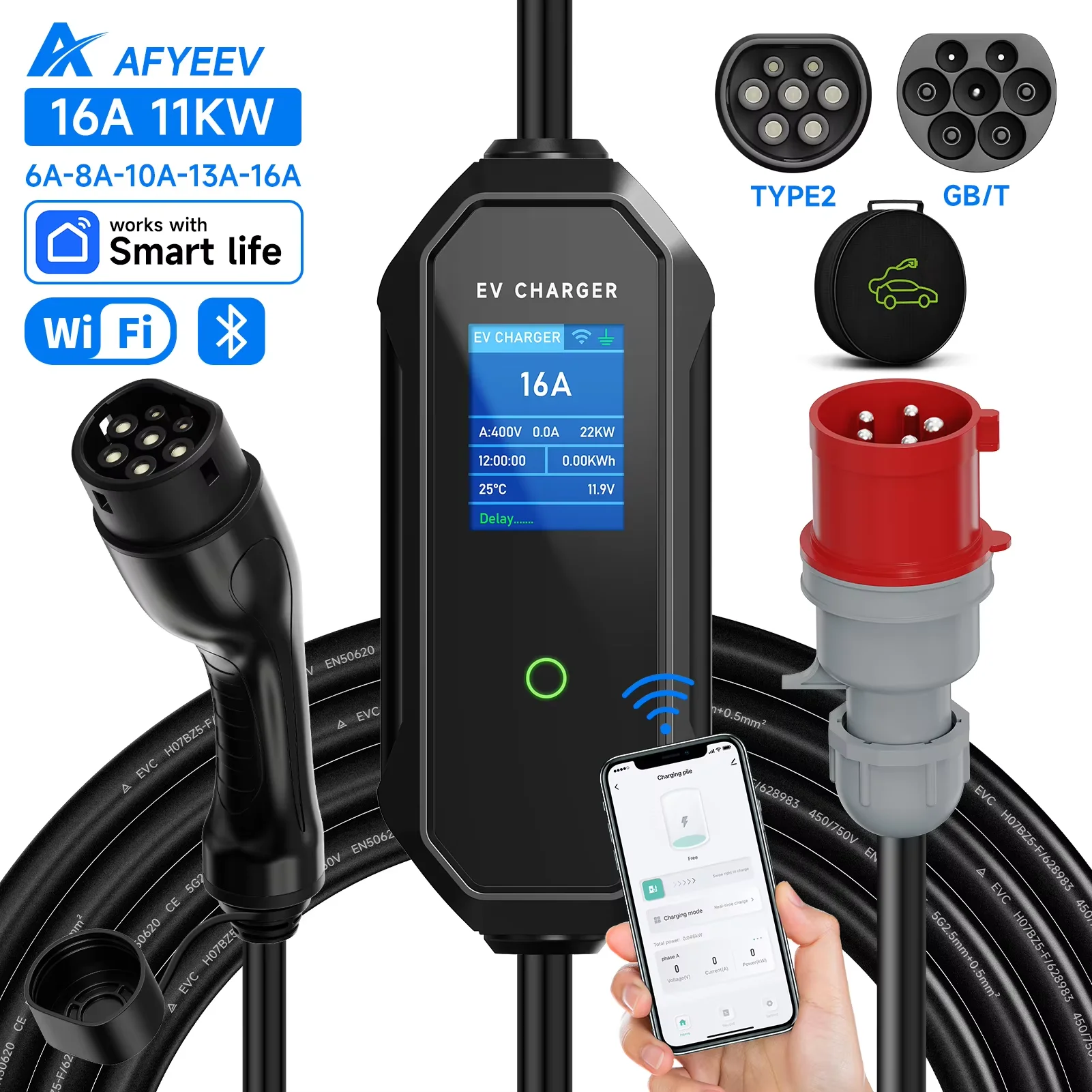 AFYEEV Type2 Przenośna ładowarka EV 11KW 16A 3-fazowa elektryczna ładowarka samochodowa GBT Wi-Fi APP Bluetooth Wersja Zdalne sterowanie Wtyczka CEE