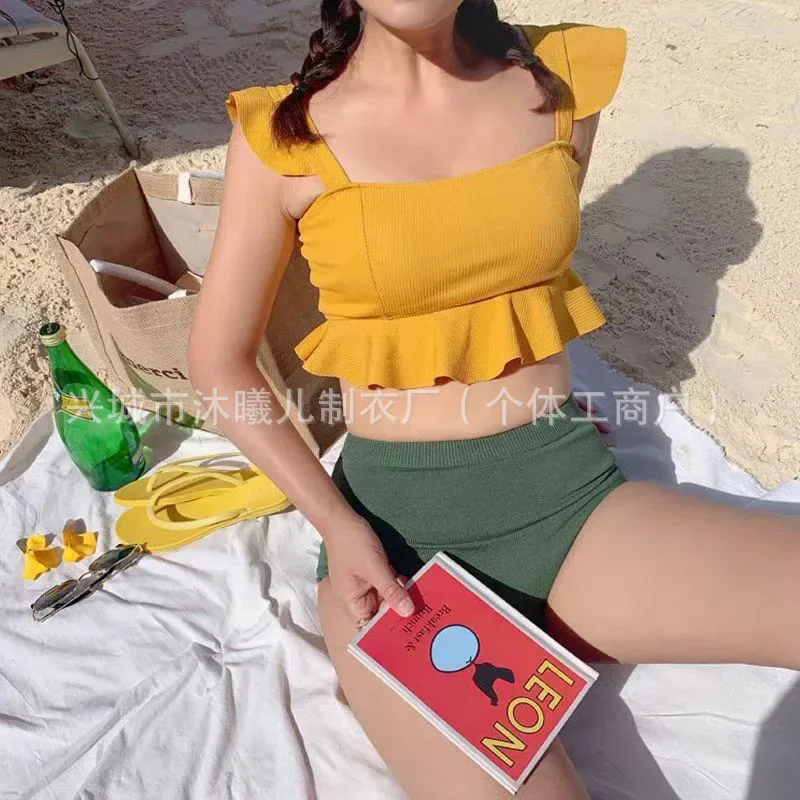 섹시한 투피스 한국 스타일 비키니 여성 열 봄 배꼽 커버 슬리밍 수영복 보수적 인 열 봄