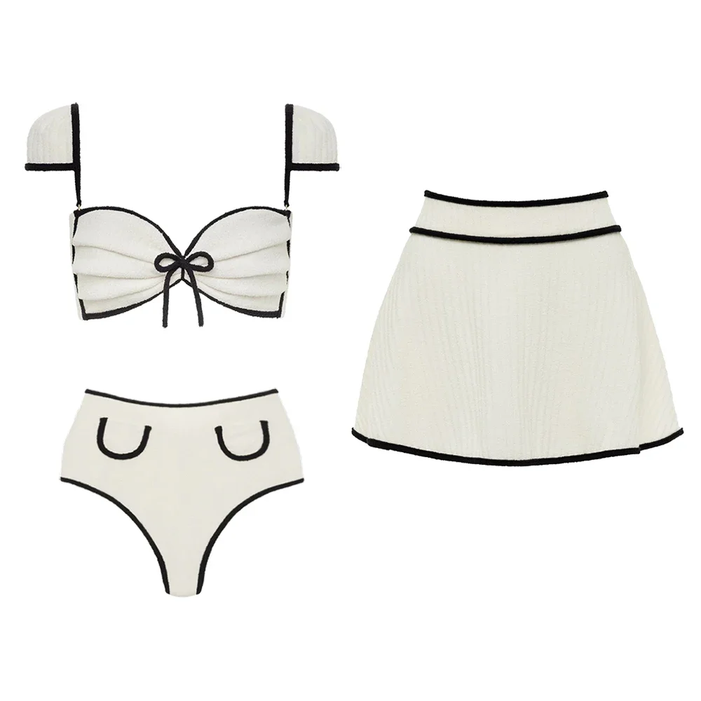 FLAXMAKER Cream Black Binded Terry Rib Cabana Bows Bikini Swimsuit and Skirt Beachwear Monokini Two piece Bathing Suit