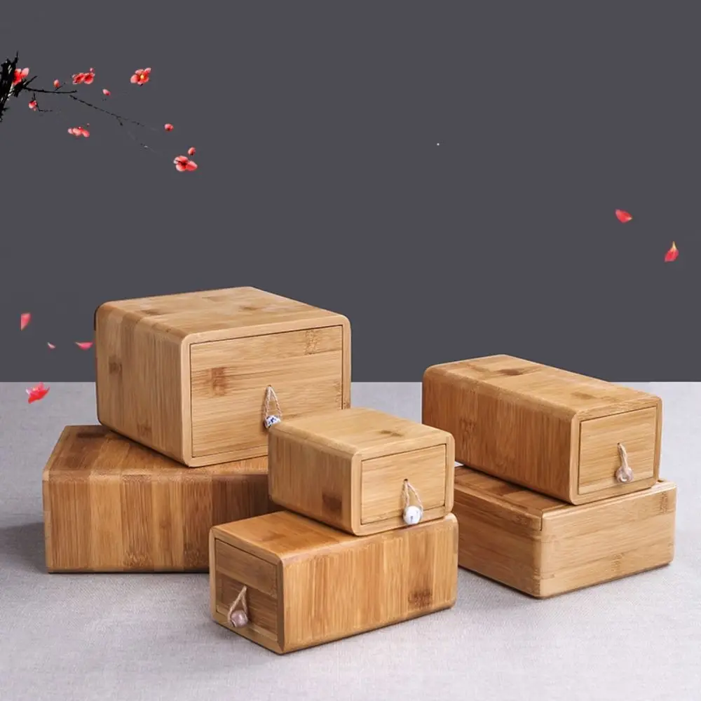 Container Vintage Jewelry Storage Box Drawer Bamboo Wooden Cosmetic Cabinet High-grade Retro Desktop Organizer Living Room