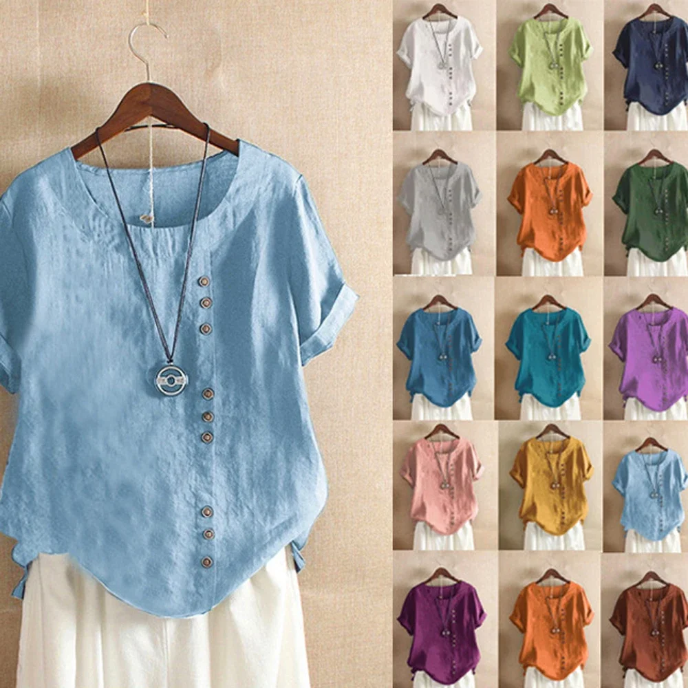 

18 Colors Women Cotton Linen Button Blouse Summer Female O-Neck Short Sleeve Solid Shirt Tops WYLP-M03