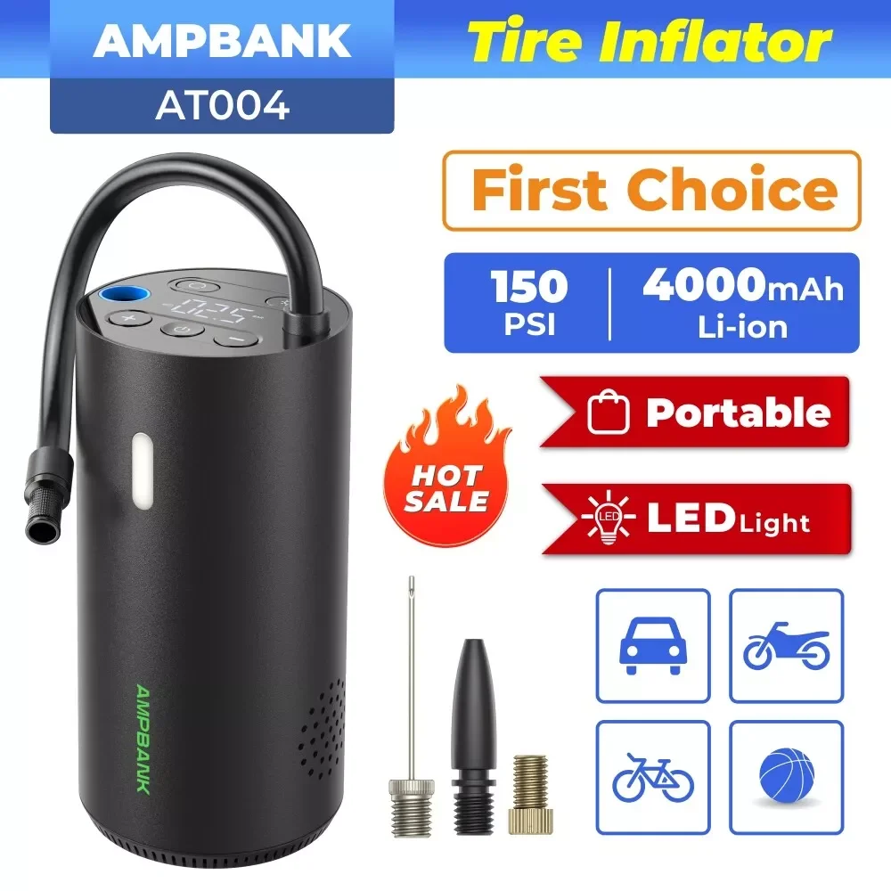 AMPBANK pompa udara pintar AT004, untuk ban mobil portabel kompresor udara Inflator ban otomatis 150PSI dengan pengukur tekanan layar LED