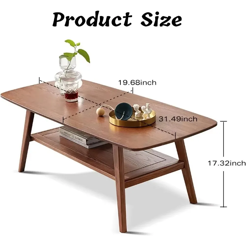 Meja kopi 2 lantai oak padat-meja Pusat praktis penyimpanan ganda apartemen kecil (31.49 "D x 19.68" W x 17.32 "H kenari)