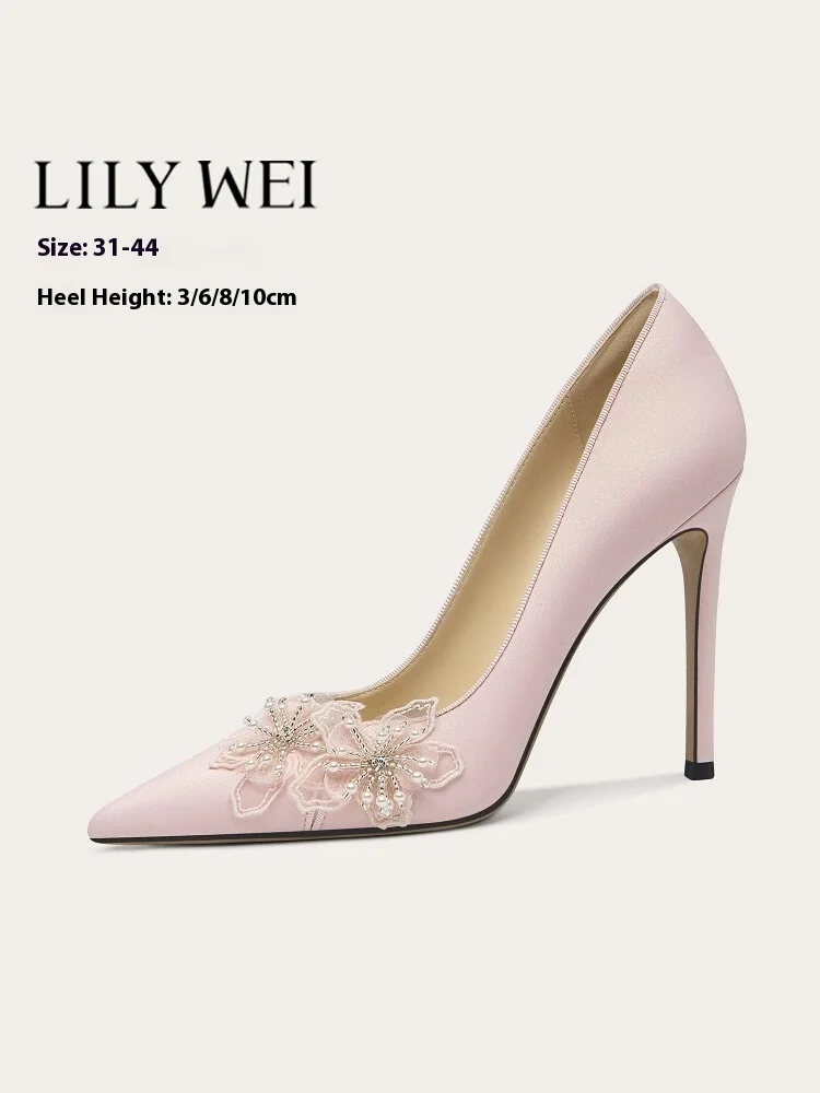 

Spring new pointed toe shallow silk pearl lace flower low-heeled shoes thin high-heeled banquet large size small size women shoe