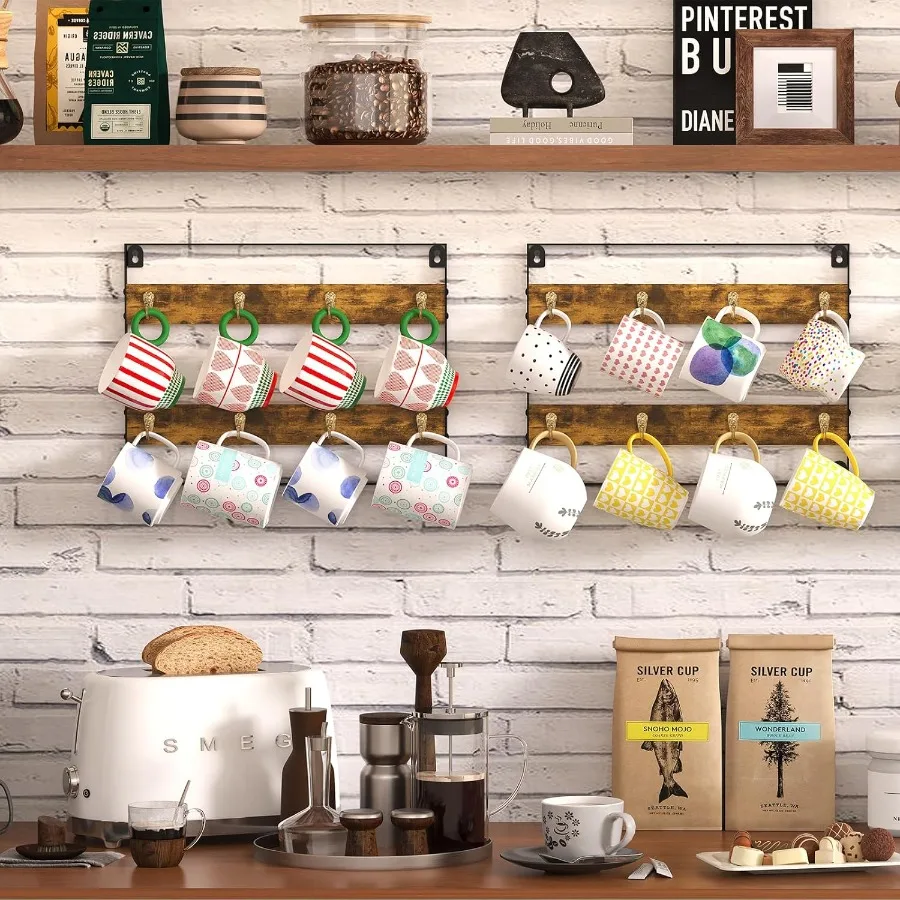 

Coffee Mug Holder Rack Organizer Mug Racks for Wall Up to Hold 16 Mugs 2Pack Rustic Wood Coffee Cup Organizer RackDisplay Shelf
