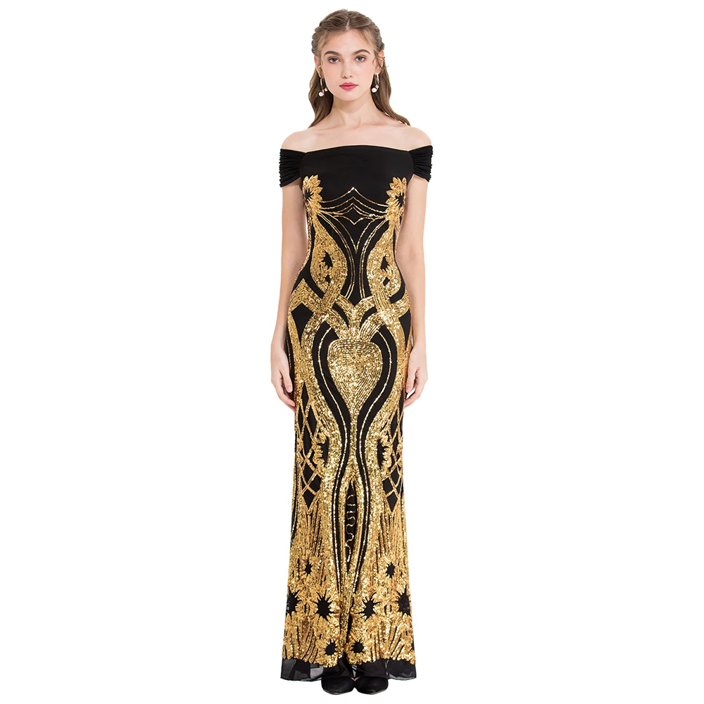 Angel-Fashions Vrouwen Off Shoulder Gold Bloemen Patroon Sparkly Pailletten Schede Avond Party Dress Vintage Moeder Van Bruid gown