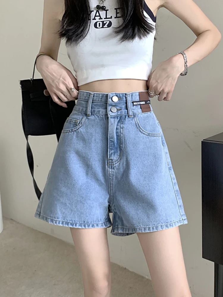 High Waist Denim orts Women's Thin New Autumn Large Size Fat MM Slim Small A-Line Wide Leg Hot Pants Summer Blue Color