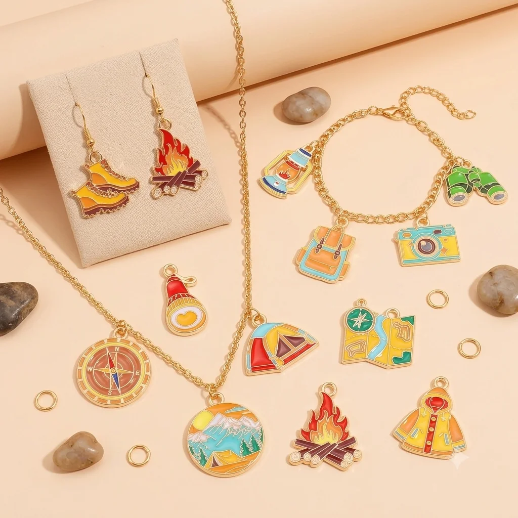 12Pcs/set Outdoor Camping Theme Charm Enamel Tent Telescope Compass Flashlight Pendant for DIY Jewelry Making Accessory Supplies