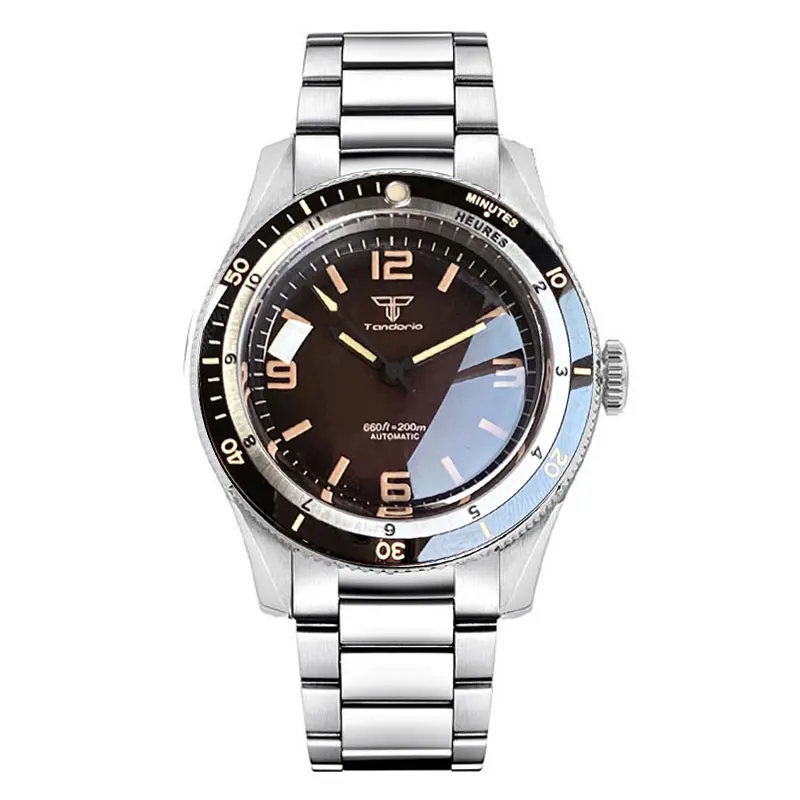 Tandorio Japan NH35A PT5000 Mechanical Mens Watch 20BAR Waterproof Sapphire Luminous Red Black Dial Stainless Steel Bracelet image 3