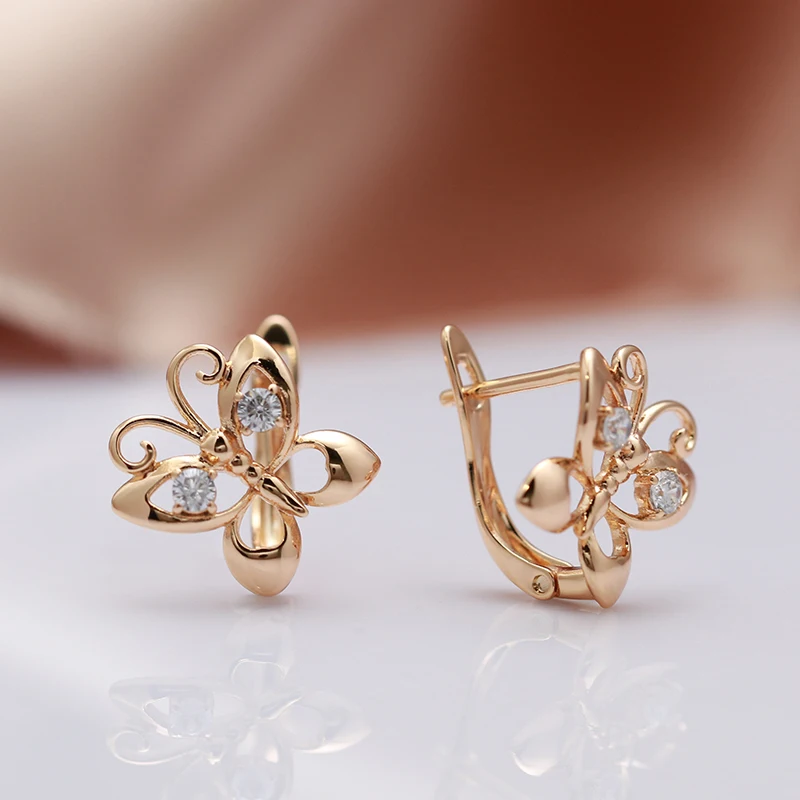 Kinel Hot Fashion Glossy Dangle Earrings 585 Rose Gold Wiht Natural Zircon Butterfly Earrings For Women Fine Daily Jewelry